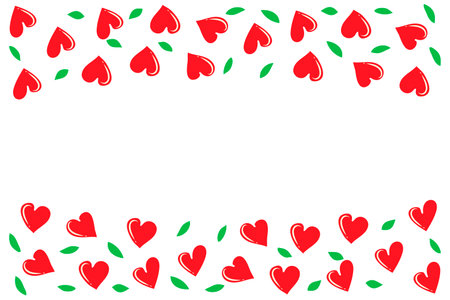 Vector background with leaves, heart-shaped flowers and a place for your text. Rectangular pattern for decoration for Valentine's Day. Doodle-style frame with plants for banners, postcards.のイラスト素材
