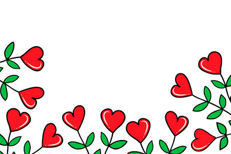 Vector background with leaves, heart-shaped flowers and a place for your text. Rectangular pattern for decoration for Valentine's Day. Doodle-style frame with plants for banners, postcards.のイラスト素材