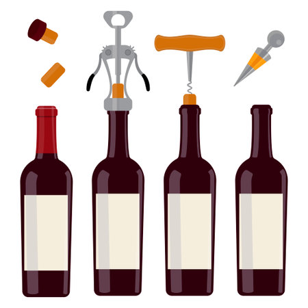 A set of open and closed wine bottles. A set of bottle caps. corkscrew. vector illustration.のイラスト素材