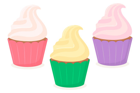 A set of sweet colorful delicious cupcakes with cream. Vector illustration of baking in a flat style.のイラスト素材