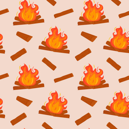Seamless pattern with bonfires and firewood. Campfire. A blazing red-yellow flame. Felled forest firewood separately and stacked in a circle. Vector illustration in the flat style.のイラスト素材