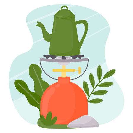 Camping gas stove with coffee kettle. The burner. camping kit. Vector illustration in a flat style. isolated on a white background.のイラスト素材
