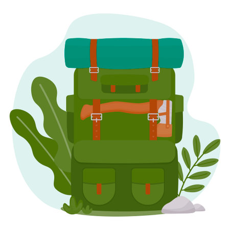 A traveler's backpack. Tourist backpack for hiking, camping equipment for adventures. Vector...
