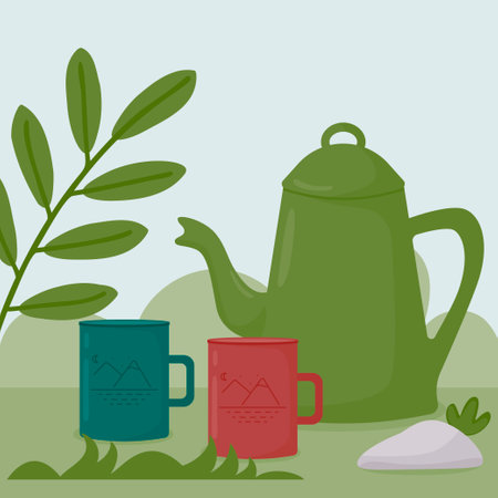 Background with a teapot and colorful camping mugs in nature among plants. Travel, hiking. Vector illustration in a flat style.のイラスト素材