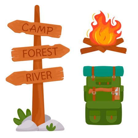 camping kit. A traveler's backpack. Camping equipment for adventures. Campfire, bonfire with burning logs and a blazing hot red-yellow flame. Wooden signpost on the tourist route. Vector.のイラスト素材