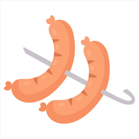 Barbecue, grill or picnic. Smoked sausages on a long metal skewer for frying on fire. Template for barbecue banner background. Vector illustration in the flat style. isolated on a white background.のイラスト素材