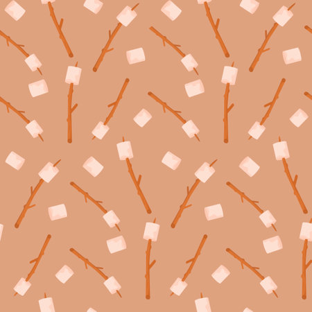 Seamless pattern of marshmallows on sticks for baking over a fire. Picnic, hiking, camping, hiking. Vector illustration in the flat style. isolated on a white background.のイラスト素材