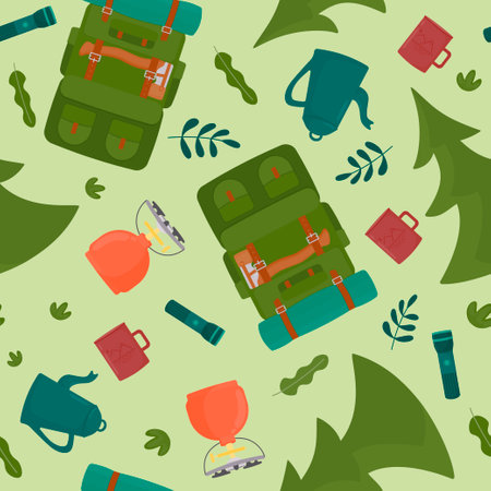 Seamless pattern with a hiking backpack, mug, coffee pot, flashlight, fir, burner-gas stove. Background for camping, travel, trip, hiking, nature, travel, picnic. Vector illustration in a flat style.のイラスト素材