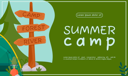Background for summer camping, travel, trip, hiking, tourist, nature, travel, picnic. Design of a poster, banner, leaflet, cover, special offer, advertisement. Vector illustration in a flat style.のイラスト素材