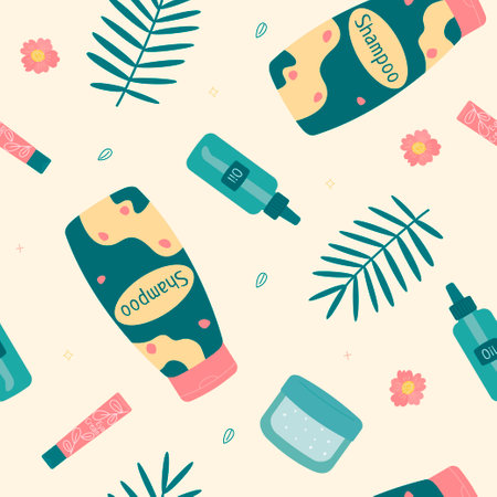 Seamless pattern with shampoo, body oil, eye cream. cosmetics for home and bathroom. Flat vector...