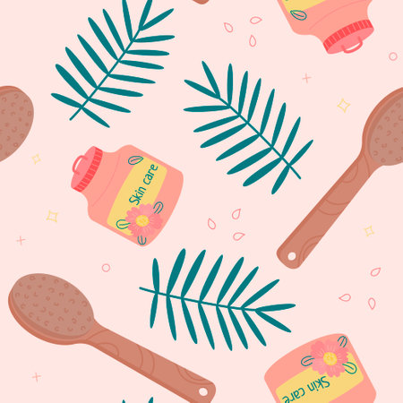 Seamless pattern with cream, massage brush and plant for spa and wellness salon. Protection and skin...