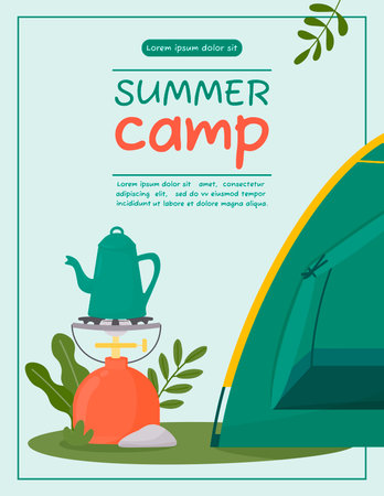 A4 poster for summer camping, travel, trip, hiking, tourist, nature, travel, picnic. Design of a poster, banner, leaflet, cover, special offer, advertisement. Vector illustration in a flat style.のイラスト素材