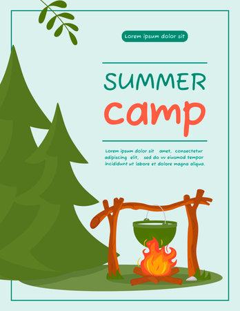 A4 poster for summer camping, travel, trip, hiking, tourist, nature, travel, picnic. Design of a poster, banner, leaflet, cover, special offer, advertisement. Vector illustration in a flat style.のイラスト素材