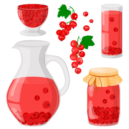 Red currant compote in a glass decanter, glass, jar. Drinking from homemade fruits. Homemade jam or jelly in a glass bowl. The concept of healthy eating. Vector illustration in a flat style.のイラスト素材