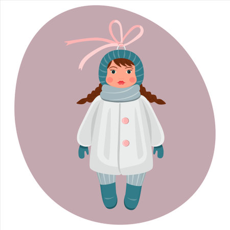 Christmas toy â a girl with pigtails in a warm fur coat, hat and felt boots. Christmas tree decoration in retro style. The concept of winter holidays and celebrations. vector illustration.のイラスト素材