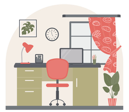 Interior design of a room with furniture: a desk, a computer chair, a picture on the wall, indoor plants, a wall clock, a window with curtains, a table lamp. workplace.のイラスト素材