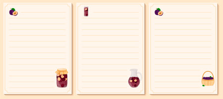 The page of the cookbook template with illustrations of plums, compote in a decanter, jam jars, fruit baskets. To record recipes for various dishes, pickles, canned food.のイラスト素材