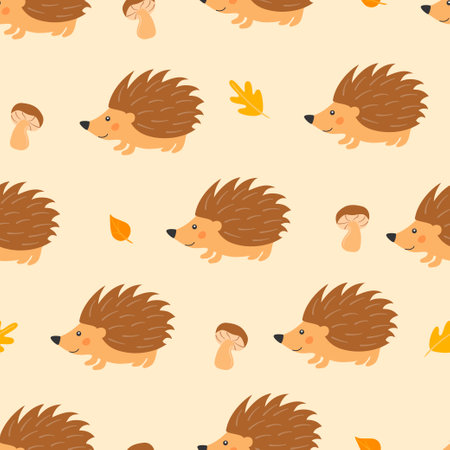 Seamless pattern with cute hedgehog, mushrooms and autumn leaves in cartoon style. Animals and plants in the forest. vector illustration.のイラスト素材