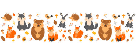 Seamless border of cute forest animals and plants. A red fox and a squirrel, a funny bunny, a bear, a gray wolf, a prickly hedgehog. Mushrooms, twigs, acorn, autumn leaves.のイラスト素材
