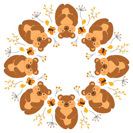 Vector round frame with cute bears, butterflies, twigs and leaves in cartoon style. forest animals and plants. autumn in the forest. Space for text.のイラスト素材