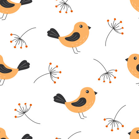 Seamless pattern with cute birds and twigs with berries in cartoon style. Birds in the forest. vector illustration.のイラスト素材