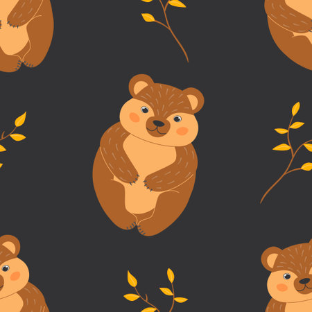 Seamless pattern with cute bears and twigs with autumn leaves in cartoon style. Animals in the forest. vector illustration.のイラスト素材