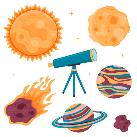 A set of illustrations with the sun, moon, planets, meteorite and telescope in cartoon style. space travel. vector illustration.のイラスト素材