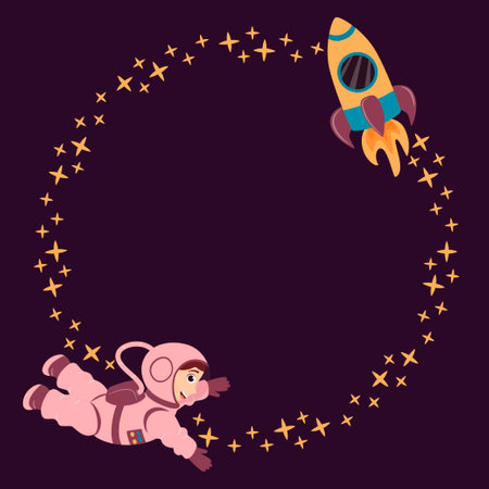A round frame of stars, a rocket and a cute astronaut in a cartoon style. Vector background with space for text. Space travel. Cosmic children's background. Space journey.のイラスト素材