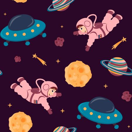 Seamless pattern of open space with cute astronaut, moon, shooting stars, spaceships, planets with rings in cartoon style. Space travel. Cosmic children's background. Vector illustration.のイラスト素材
