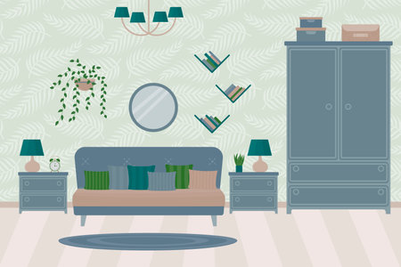Bedroom interior design with furniture. Double bed with pillows, bedside tables, table lamps, bookshelves, wardrobe, mirror, indoor plants, carpet on the floor.のイラスト素材