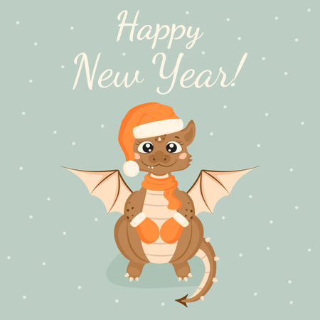 Christmas card in cartoon style. A smiling fairy-tale dragon is sitting in a Santa Claus hat, scarf and mittens. A little dinosaur. Happy New Year!のイラスト素材