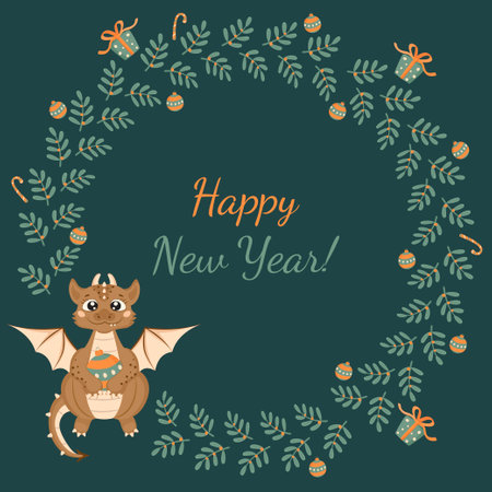Christmas card in cartoon style. A cute dragon is sitting and holding a Christmas ball. A little dinosaur. A wreath of twigs with leaves, Christmas balls, gift boxes, sweets. Happy New Year!のイラスト素材