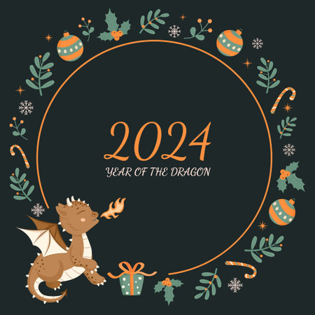 Christmas card in cartoon style. A fire-breathing fairy-tale dragon. A little dinosaur. A wreath of twigs with leaves, Christmas balls, gift boxes, sweets. 2024 is the year of the dragon!のイラスト素材