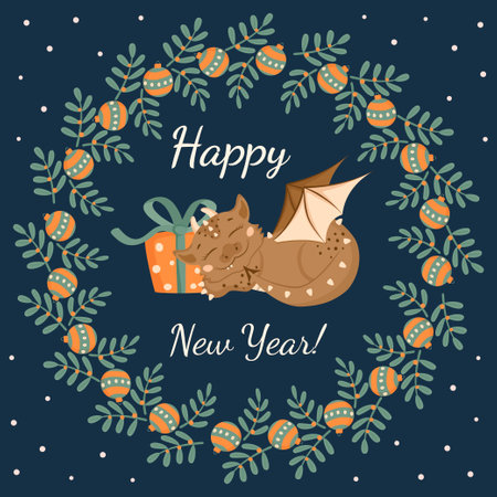 Christmas card in cartoon style. A cute dragon sleeps next to a gift box. A little dinosaur. A wreath of twigs with leaves and Christmas balls. Happy New Year!のイラスト素材
