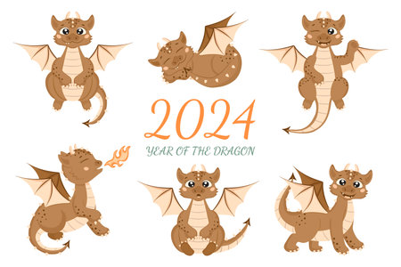 Christmas set in cartoon style. Cute dragons in different poses. Little dinosaurs. Isolated on a white background. 2024 is the year of the dragon.のイラスト素材