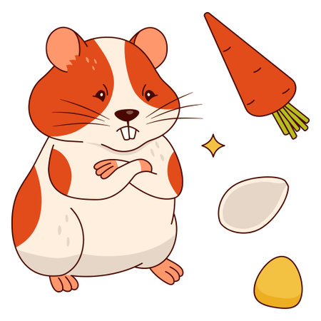 Cute orange and white hamster, carrots, corn kernels, pumpkin seeds, sms. Isolated on a white background. Vector flat illustration.のイラスト素材