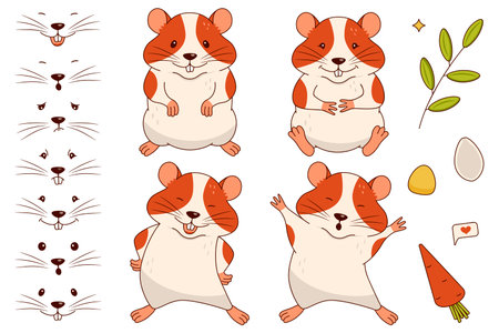 A vector set of different emotions for a hamster. A cute orange and white hamster is sitting, smiling, stretching. The illustration is in a flat style.のイラスト素材