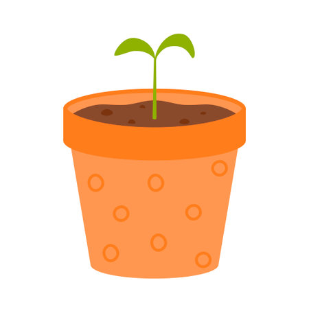 A small green sprout sprouts in a pot. Seedlings. Vector illustration on a white background.のイラスト素材