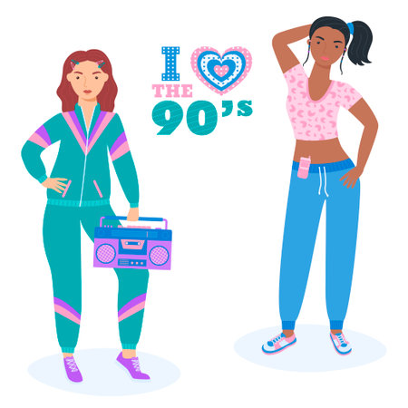 A set of girls in retro style. 90 characters. y2k characters. Fashion of the 90s. Vector...