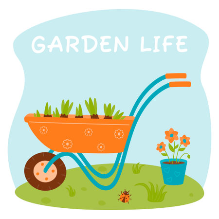 A composition of a garden wheelbarrow with seedlings, a flower pot and a ladybug. Agricultural tools. Garden life. Vector illustration on a background of sky and grass.のイラスト素材
