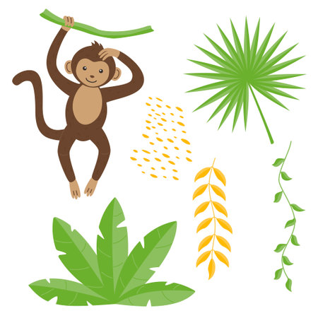 Cute children's animals set isolated on a white background â monkey, liana, leaves. Flat vector illustrations for children.のイラスト素材