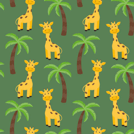 Children's seamless drawing with an image of an animal. Funny giraffe on the background of palm trees. Vector illustration in a flat style.のイラスト素材
