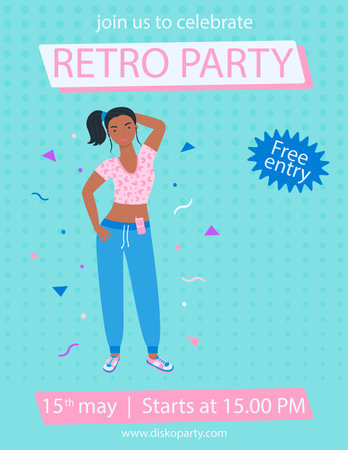 A4 poster with a girl in a tracksuit with a retro-style phone. 90 characters. y2k characters. Fashion of the 90s. Vector illustration.のイラスト素材