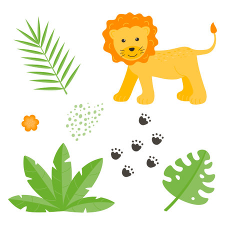 Cute children's animals set isolated on a white background â lion, liana, leaves. Flat vector illustrations for children.のイラスト素材
