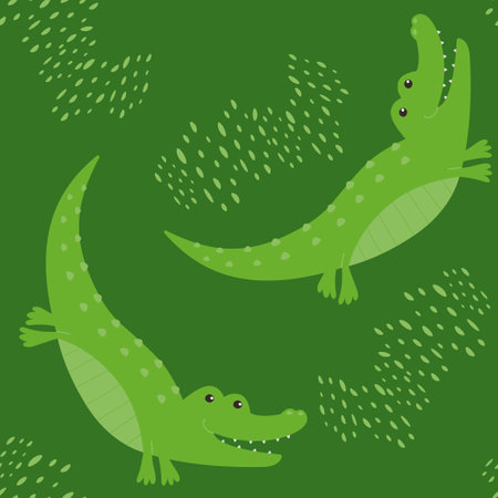Children's animal seamless pattern. Funny crocodile on a green background with dots. Vector illustration in a flat style.のイラスト素材