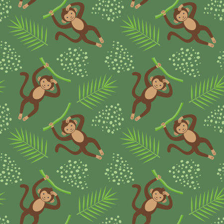 Children's animal seamless pattern. Funny monkey on a green background with leaves and dots. Vector illustration in a flat style.のイラスト素材