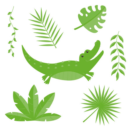Cute children's animals set isolated on a white background â crocodile, liana, leaves. Flat vector illustrations for children.のイラスト素材
