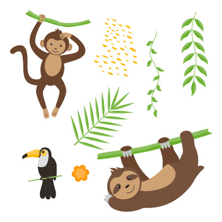 Cute children's animals set isolated on a white background â toucan, monkey, sloth, liana, leaves. Flat vector illustrations for children.のイラスト素材