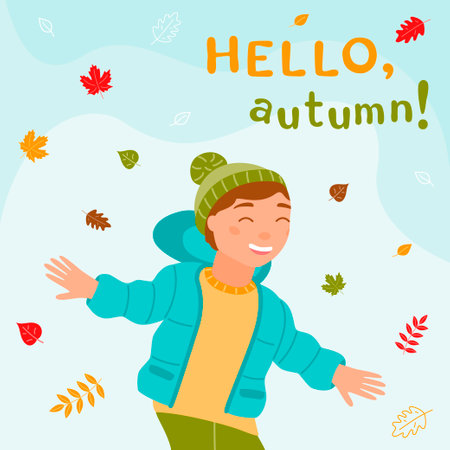 Hello, autumn! A happy boy in warm clothes is playing with autumn leaves. Leaf fall. The autumn season. Vector background in the flat style.のイラスト素材
