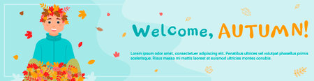 Banner Welcome, autumn! A happy boy with a wreath of leaves on his head is sitting in a pile of colorful leaves. Leaf fall. The autumn season. Vector illustration in a flat style.のイラスト素材
